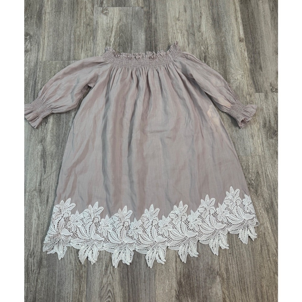 CAARA Off Shoulder Smocked Dress White Lace Trim Gauzy Boho Size S‎